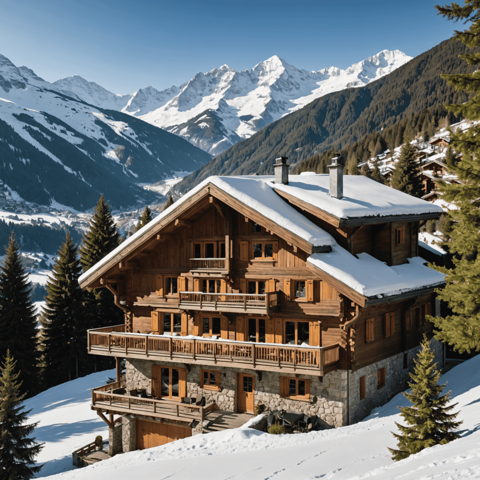 Vue panoramique d'un chalet de luxe dans les Alpes françaises, entouré de montagnes enneigées et de forêts de sapins