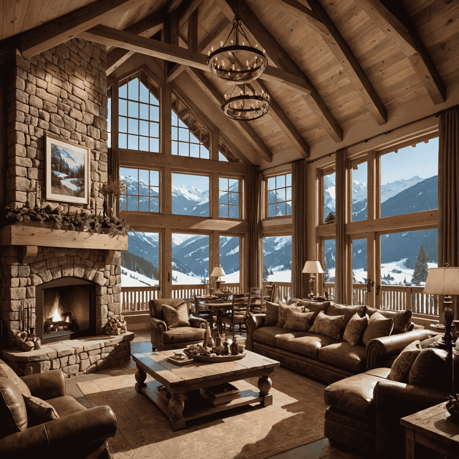 Intérieur chaleureux d'un chalet de luxe avec une grande cheminée en pierre, des poutres apparentes et une baie vitrée donnant sur les pistes de ski