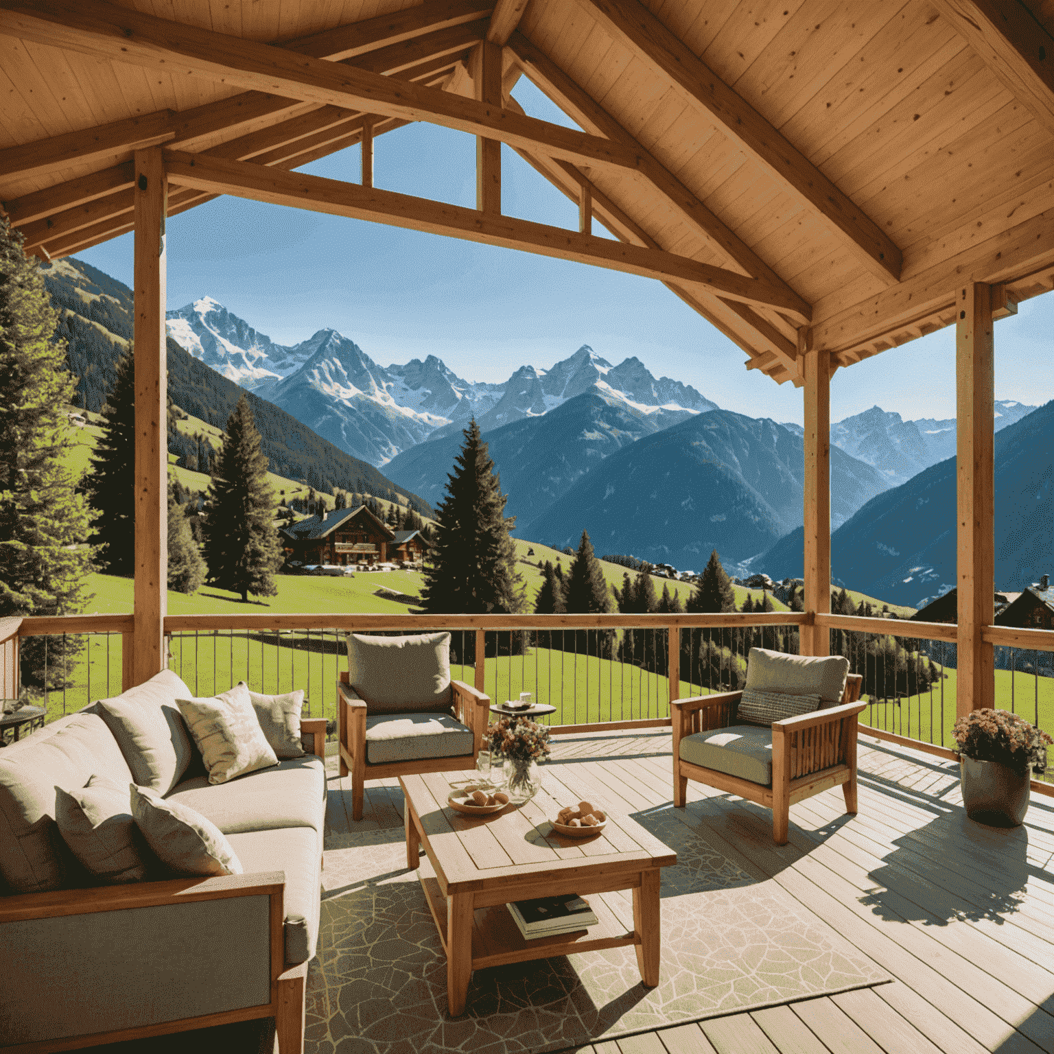 Terrasse ensoleillée d'un chalet de luxe avec vue sur les prairies alpines en fleurs et les montagnes au loin, meublée de mobilier haut de gamme