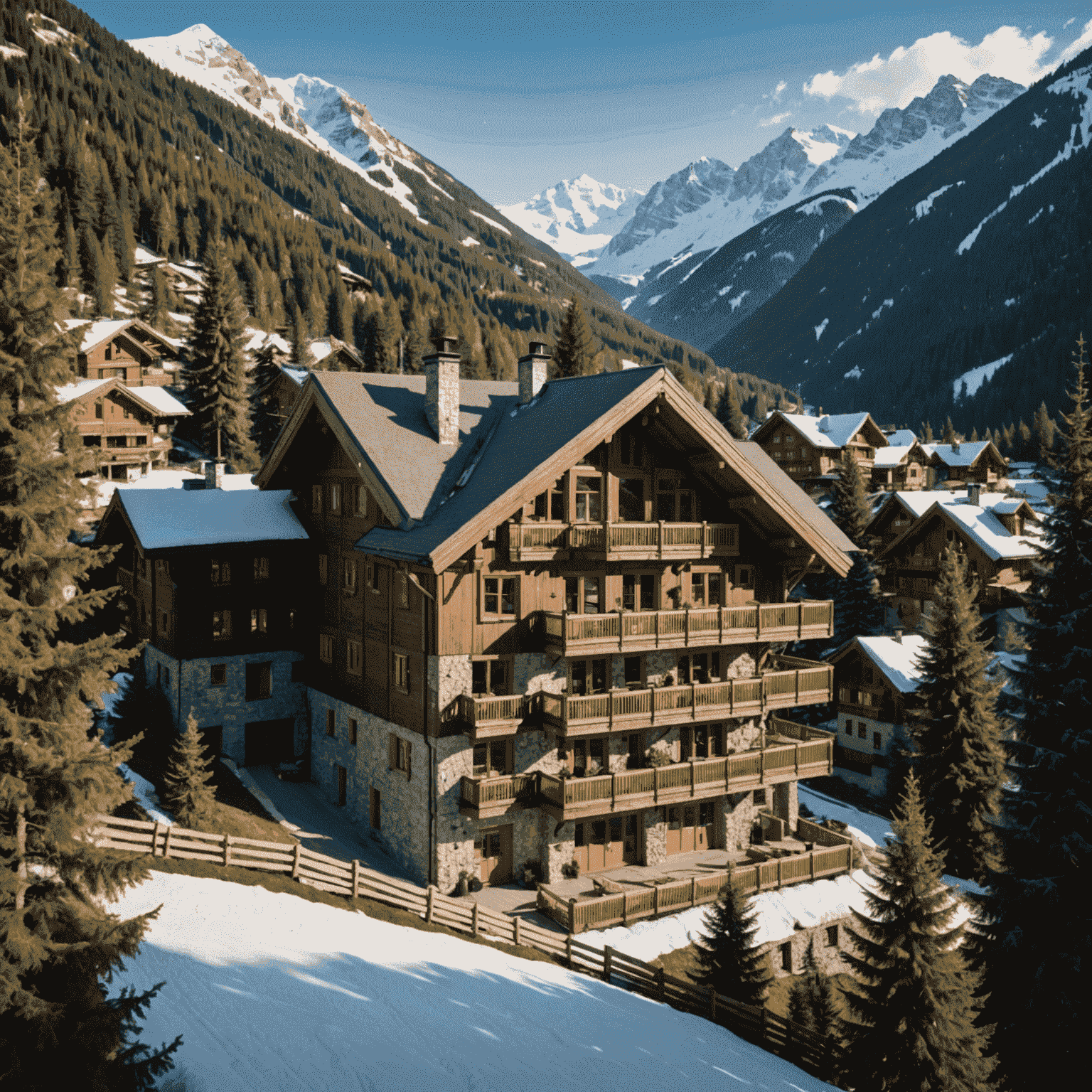Vue aérienne d'un chalet de luxe niché dans une forêt alpine, avec un village de montagne pittoresque en arrière-plan et des pistes de ski à proximité
